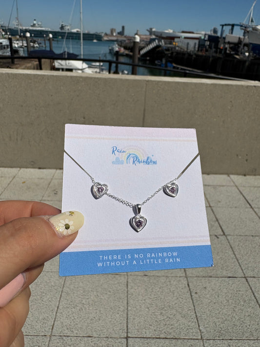 Pink Stone Heart Stud & Necklace Set